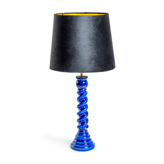 Sapphire Blue Gloss Wooden Table Lamp with Metallic-Lined Velvet Shade
