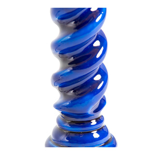 Sapphire Blue Gloss Wooden Table Lamp with Metallic-Lined Velvet Shade