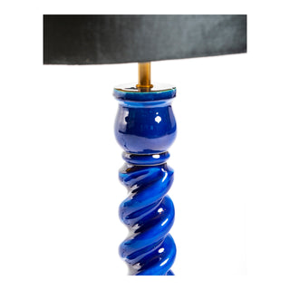 Sapphire Blue Gloss Wooden Table Lamp with Metallic-Lined Velvet Shade