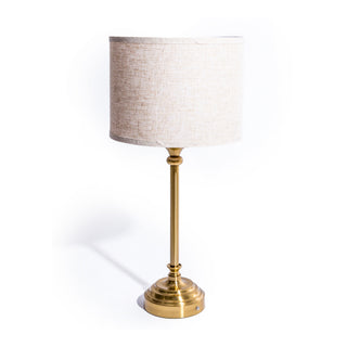 Large Classic Brass Rechargeable Table Lamp w/ Cylinder Oatmeal Shade
