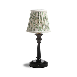 Matt Black & Brass Rechargeable Table Lamp w/ Floral Pattern Pleated Shade