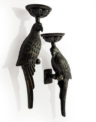 Pair of Large Distressed Black Metal Parrot Wall Sconces