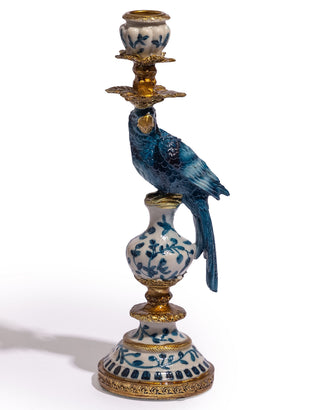 Antiqued Ornate Blue/White Parrot Candle Holder - RH