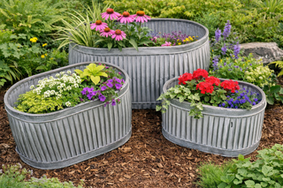 Set of 3 Galvanised Metal Oval Planters