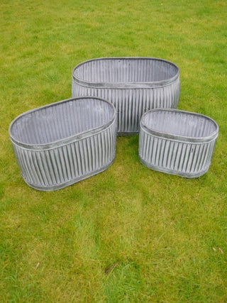 Set of 3 Galvanised Metal Oval Planters