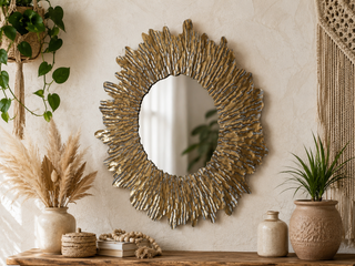 Antique Gold Sunburst Flower Wall Mirror Round Decorative Statement Mirror