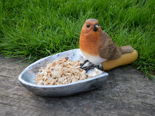 Resin Red Robin Bird Feeder on Scoop – Decorative Garden Ornament Sculpture
