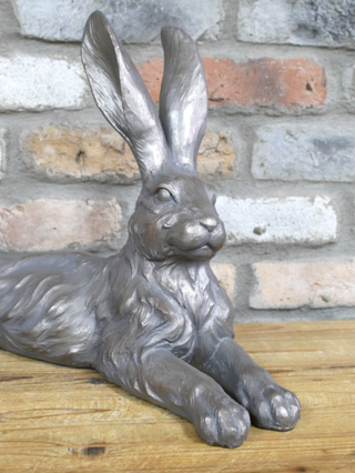 Large Silver Laying Hare Rabbit Garden Ornament