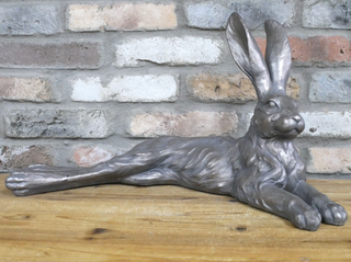 Large Silver Laying Hare Rabbit Garden Ornament
