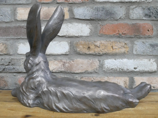 Large Silver Laying Hare Rabbit Garden Ornament