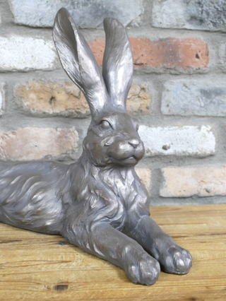 Large Silver Laying Hare Rabbit Garden Ornament