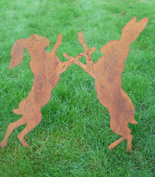 Rusty Metal Boxing Hares Garden Stake