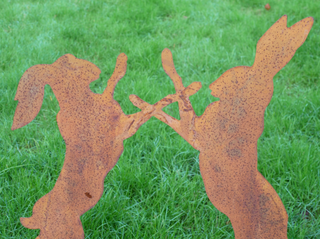 Rusty Metal Boxing Hares Garden Stake