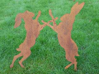 Rusty Metal Boxing Hares Garden Stake