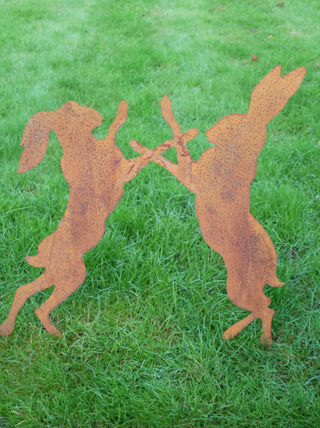 Rusty Metal Boxing Hares Garden Stake