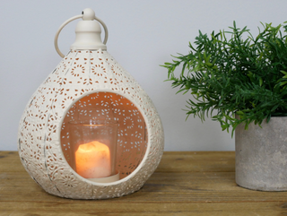 Cream Metal Antique Rustic Moroccan Tear Drop Candle T Light Holder Lantern