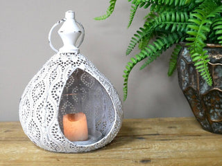 White Metal Antique Rustic Moroccan Tear Drop Candle T Light Holder Lantern