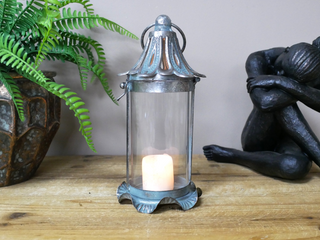 Antique Silver & Teal Metal Lantern Candle Holder Rustic Glass Hurricane Lamp