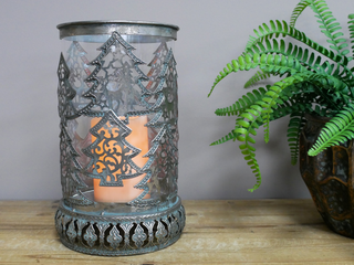 Round Metal Tree Hurricane Lantern – Rustic Silver Winter Forest Candle Holder