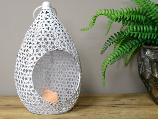 White Metal Antique Rustic Moroccan Tear Drop Candle T Light Holder Lantern