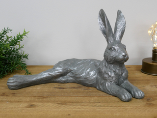 Large Silver Laying Hare Garden Ornament