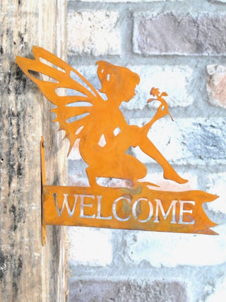 Rusty Metal Garden Fairy Welcome Fence Post Sign Signage