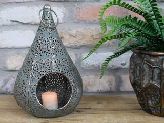 Unusual Antique Metal Rustic Moroccan Tear Drop Candle T Light Holder Lantern